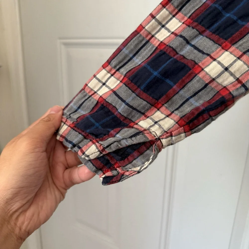 TOIT VOLANT navy red‎ ivory plaid babydoll long sleeve cropped boxy blouse shirt